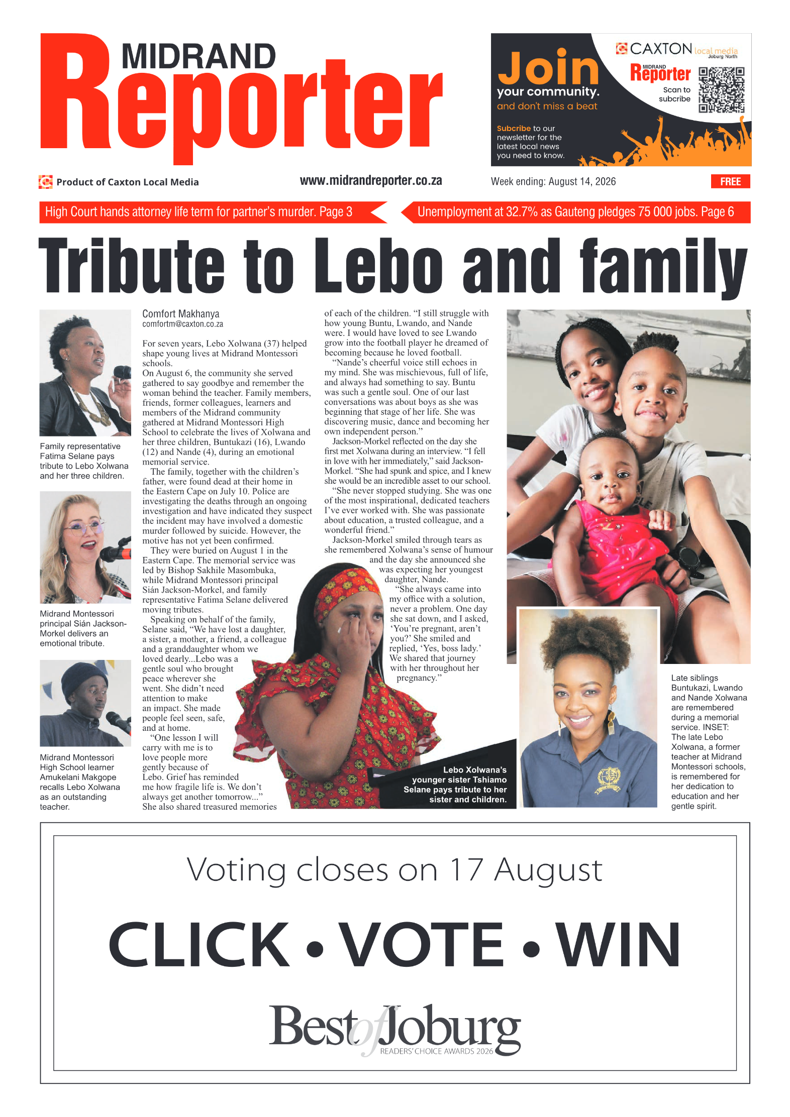 Midrand Reporter 14 August 2026 page 1