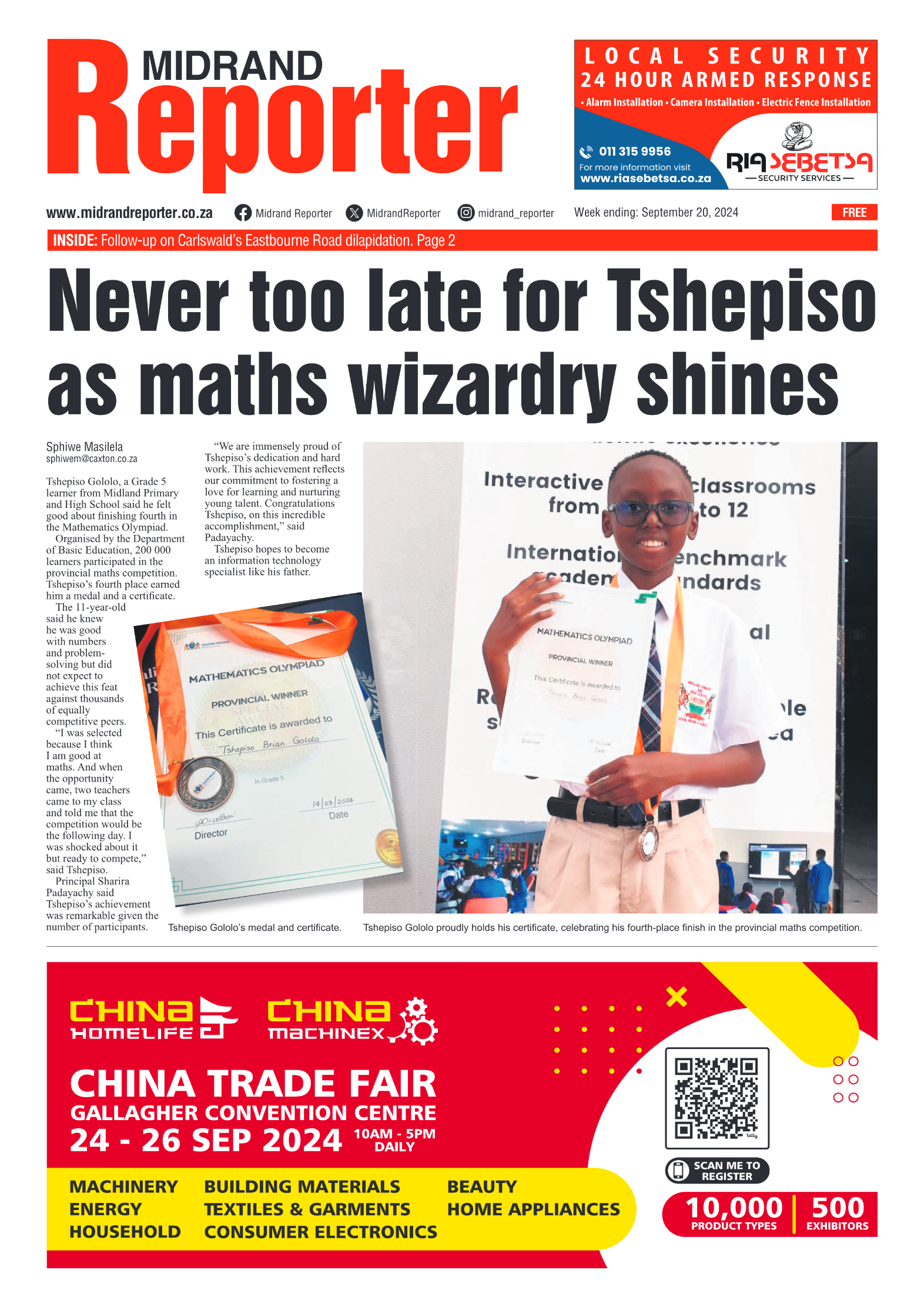 Midrand Reporter 20 September 2024 page 1